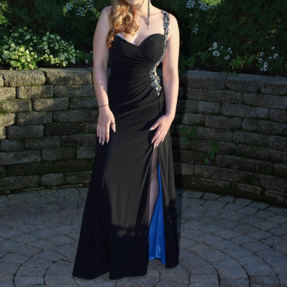 Women's Black & Royal Blue Beaded Jaoy Couture Floor Length Dress - Picture 1 of 16